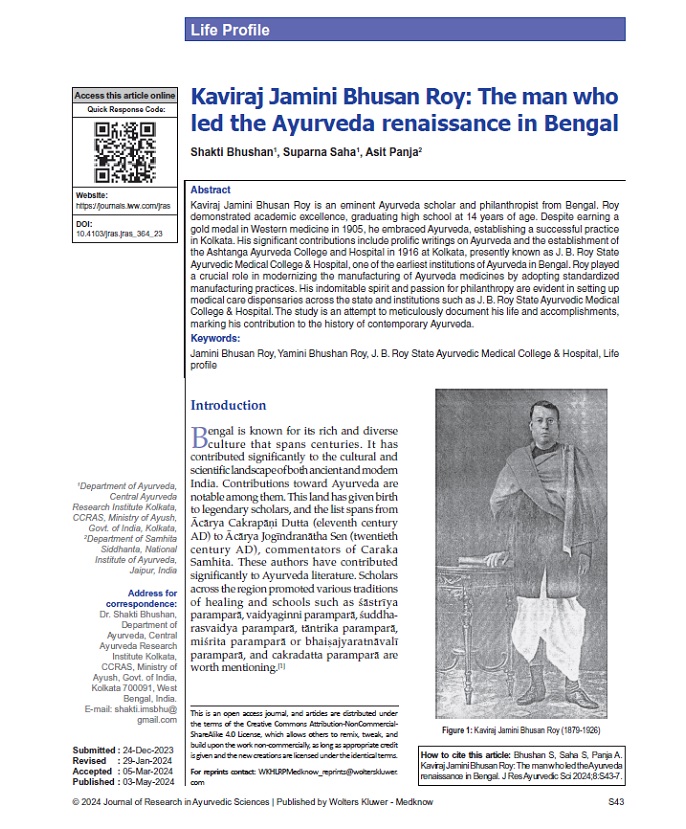 First page of the 2024 scholarly article on Jamini Bhushan Ray and the Ayurveda renaissance in Bengal