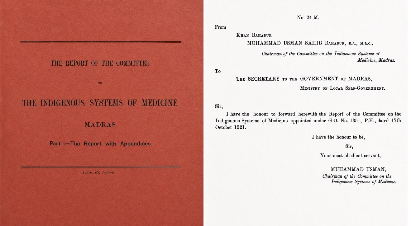 Cover and official material from the 1923 Madras Committee report on indigenous systems of medicine